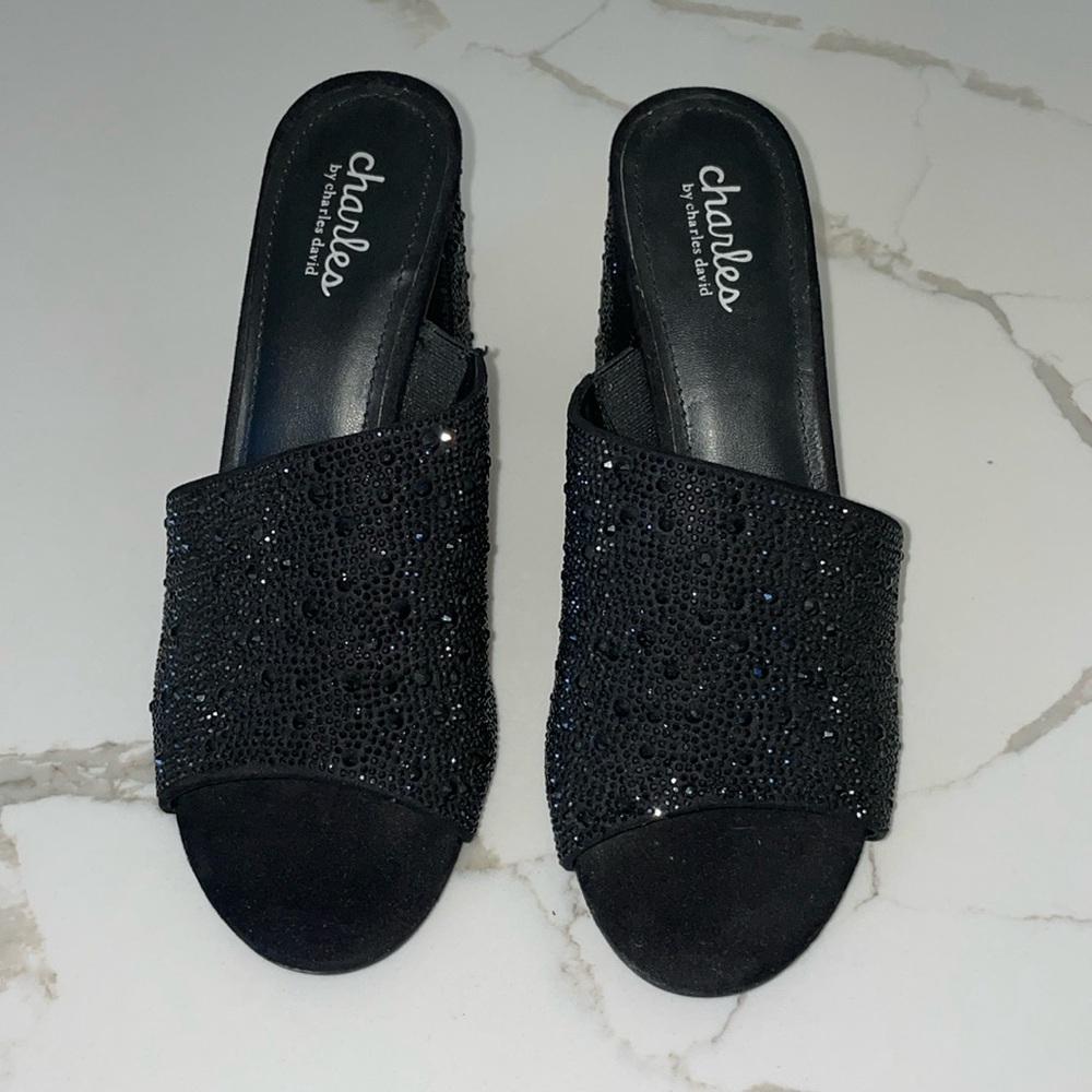 Charles By Charles David Reveal Heeled Sandals in Black with Embellishment | 9.5
